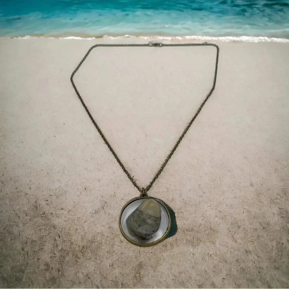 Seashells by the Seashore Clam Shell Resin Statement Necklace Bronze Chain 22" - Picture 4 of 6